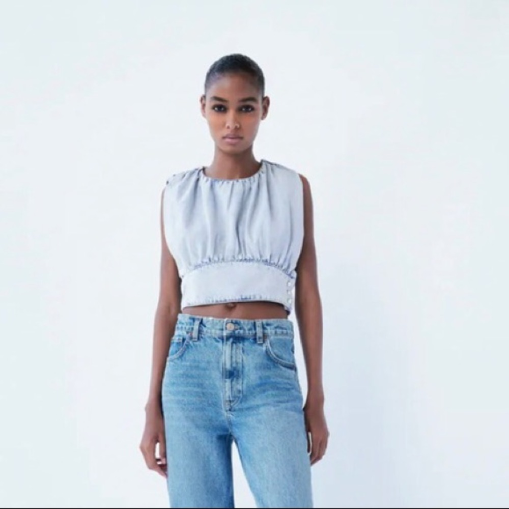 Zara Denim Crop Top With Snaps Sz‎ S